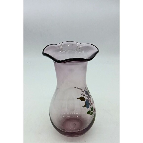 Vintage Fenton Amethyst Purple Glass Floral Hand Painted Vase - Picture 4 of 7